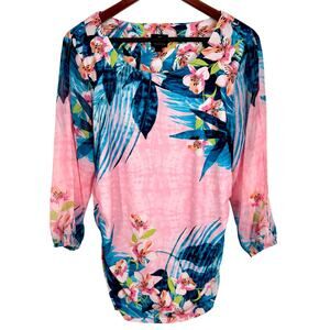 JM Collection Sz Large Pink Tropical Beach Floral Stretchy Blouse Shirt Top